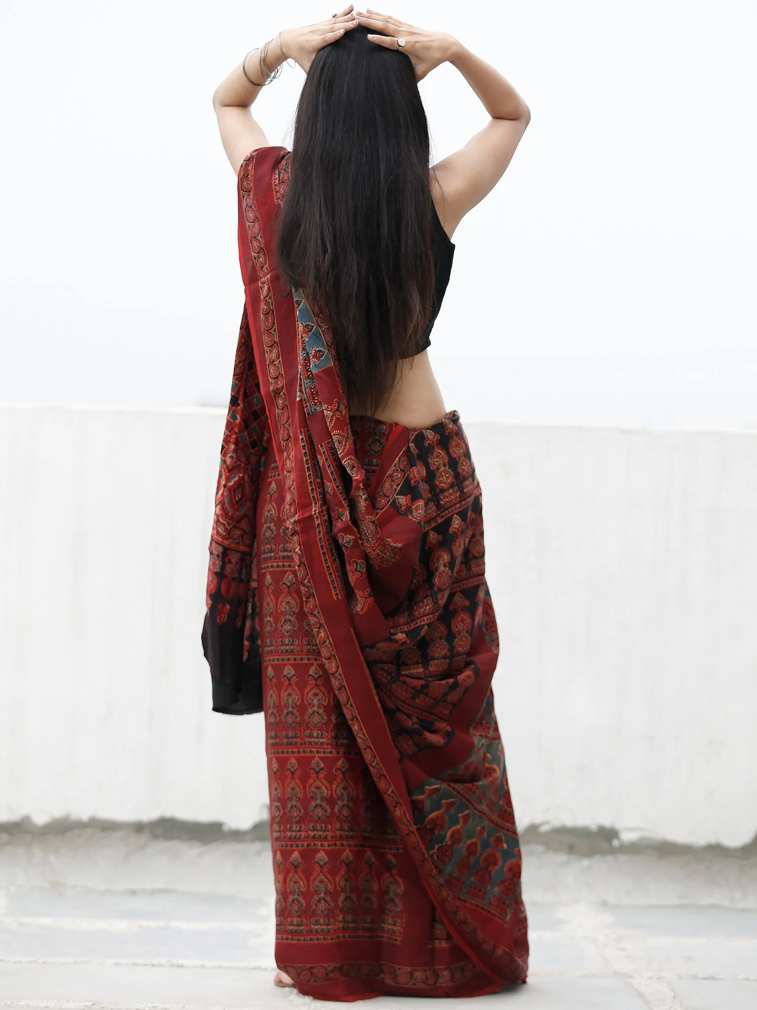 Red Black Blue Beige Ajrakh Hand Block Printed Modal Silk Saree in Natural Colors - S031703724