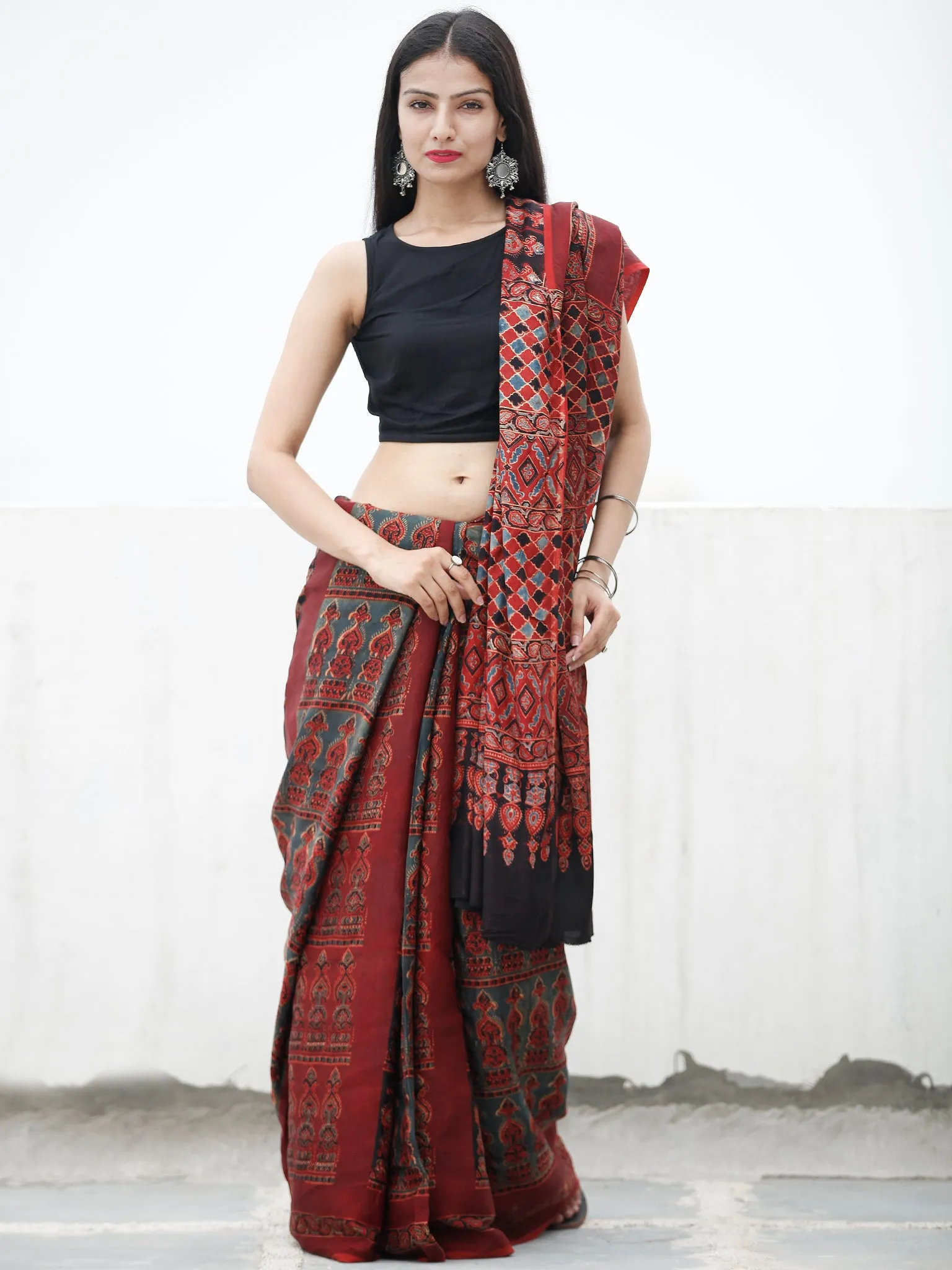 Red Black Blue Beige Ajrakh Hand Block Printed Modal Silk Saree in Natural Colors - S031703724