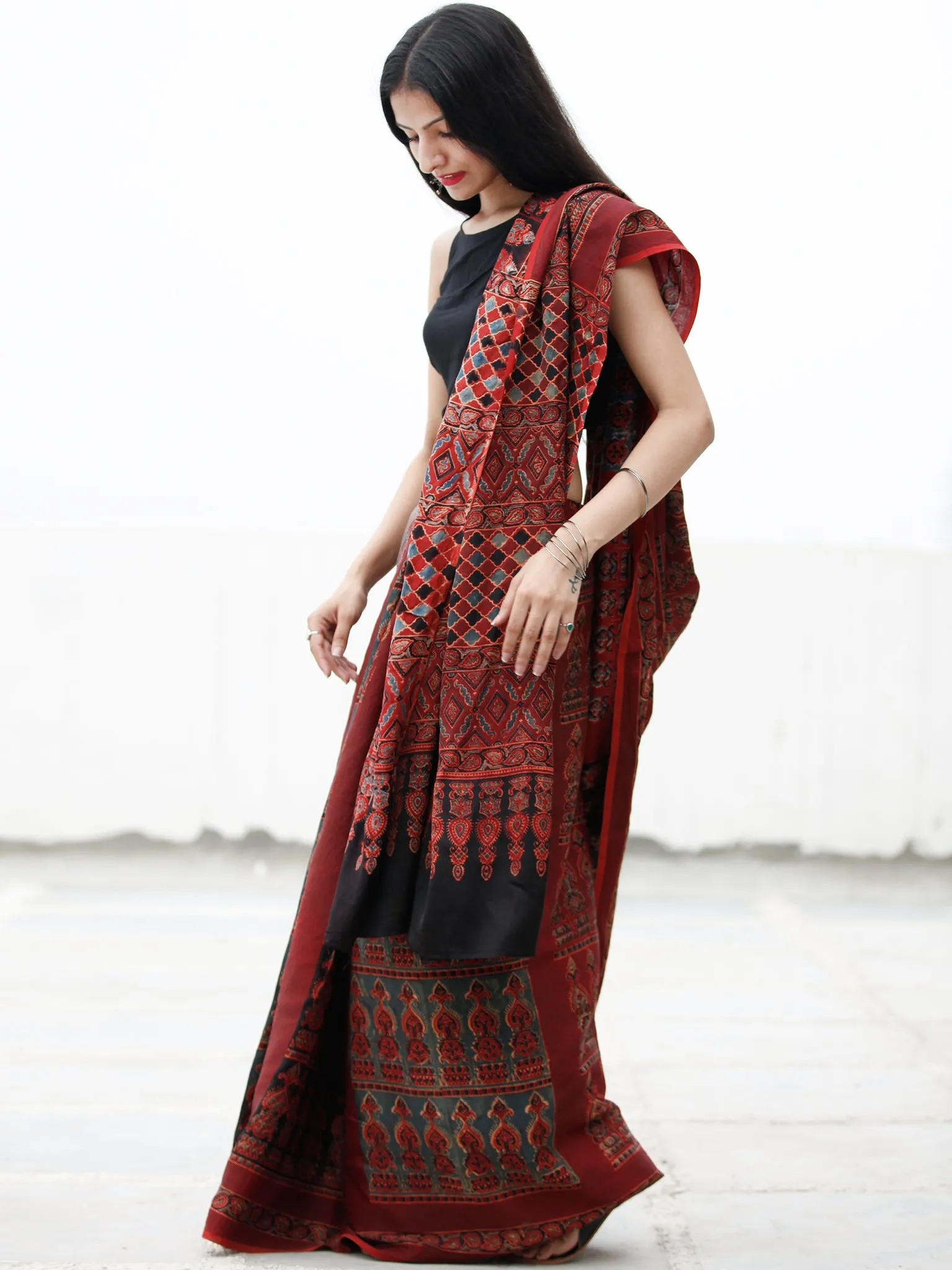 Red Black Blue Beige Ajrakh Hand Block Printed Modal Silk Saree in Natural Colors - S031703724