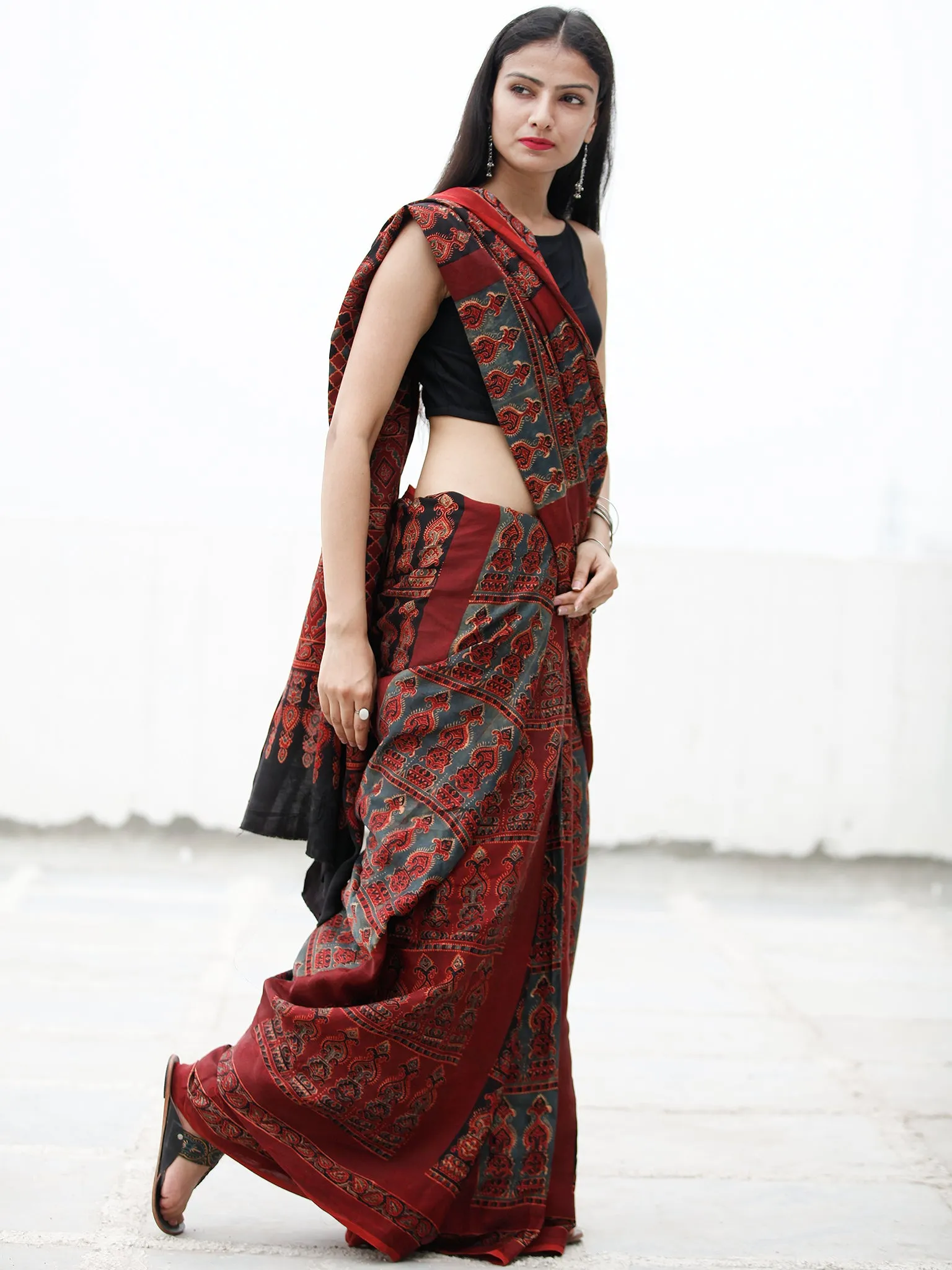 Red Black Blue Beige Ajrakh Hand Block Printed Modal Silk Saree in Natural Colors - S031703724