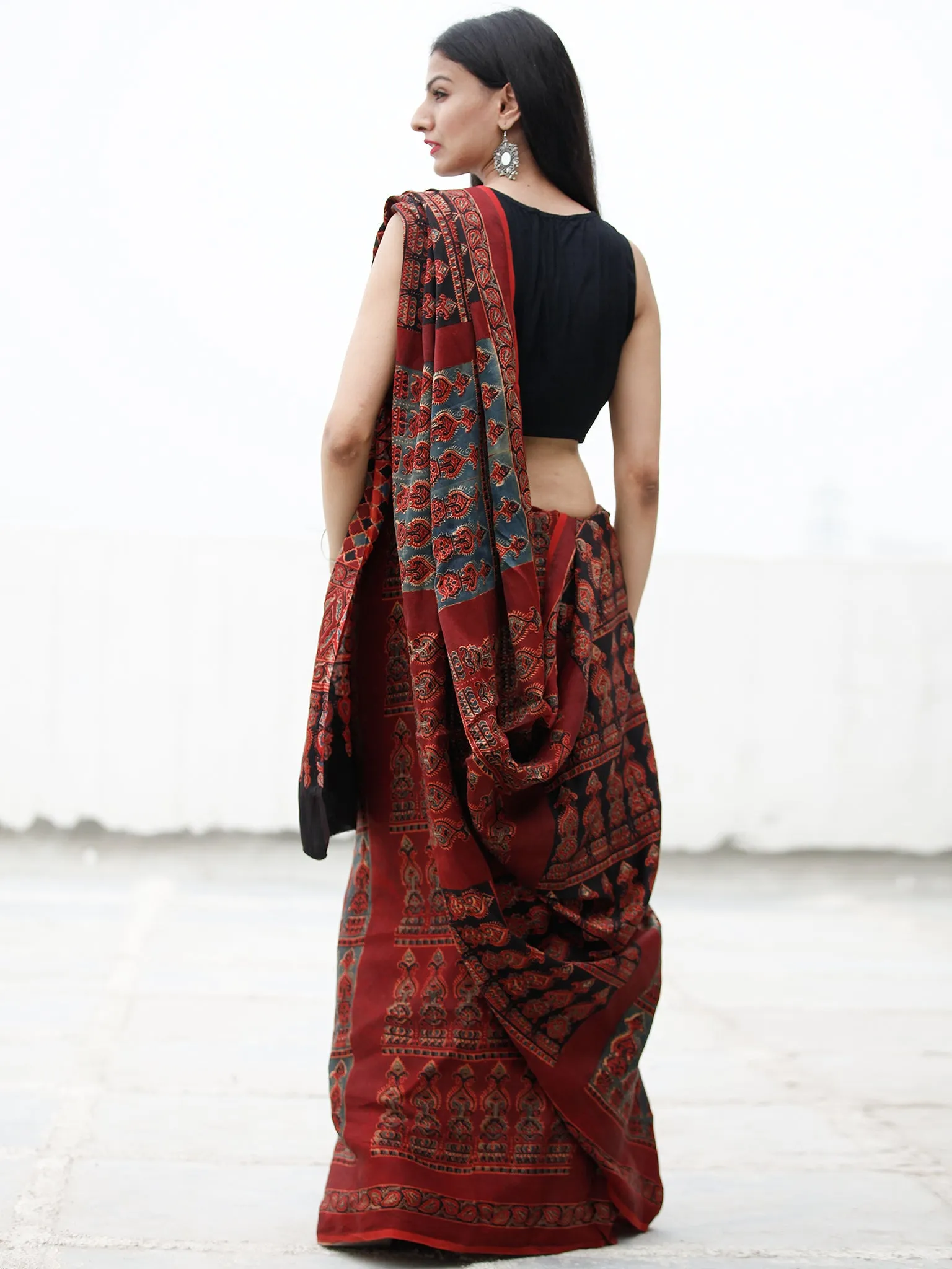 Red Black Blue Beige Ajrakh Hand Block Printed Modal Silk Saree in Natural Colors - S031703724