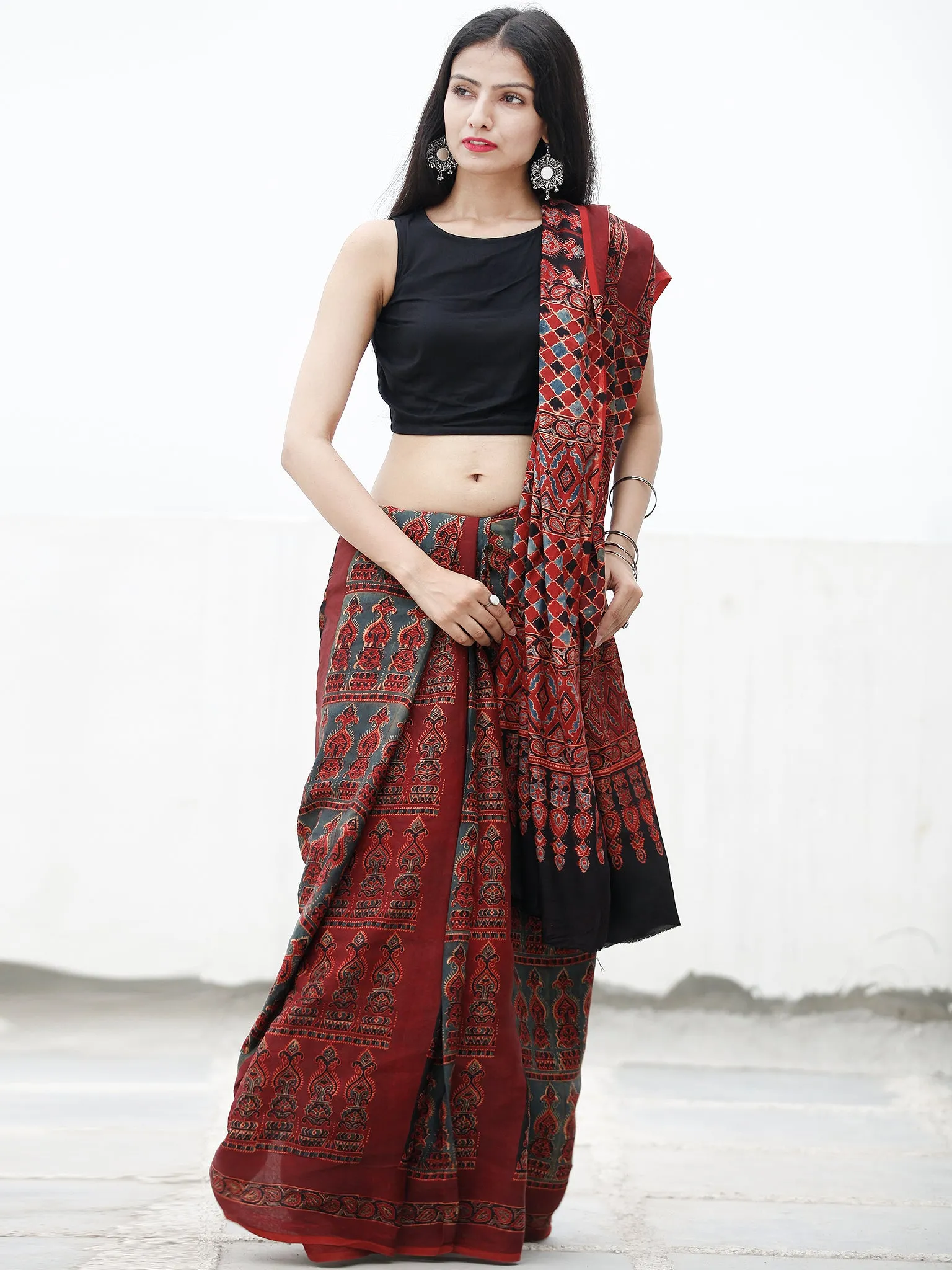 Red Black Blue Beige Ajrakh Hand Block Printed Modal Silk Saree in Natural Colors - S031703724