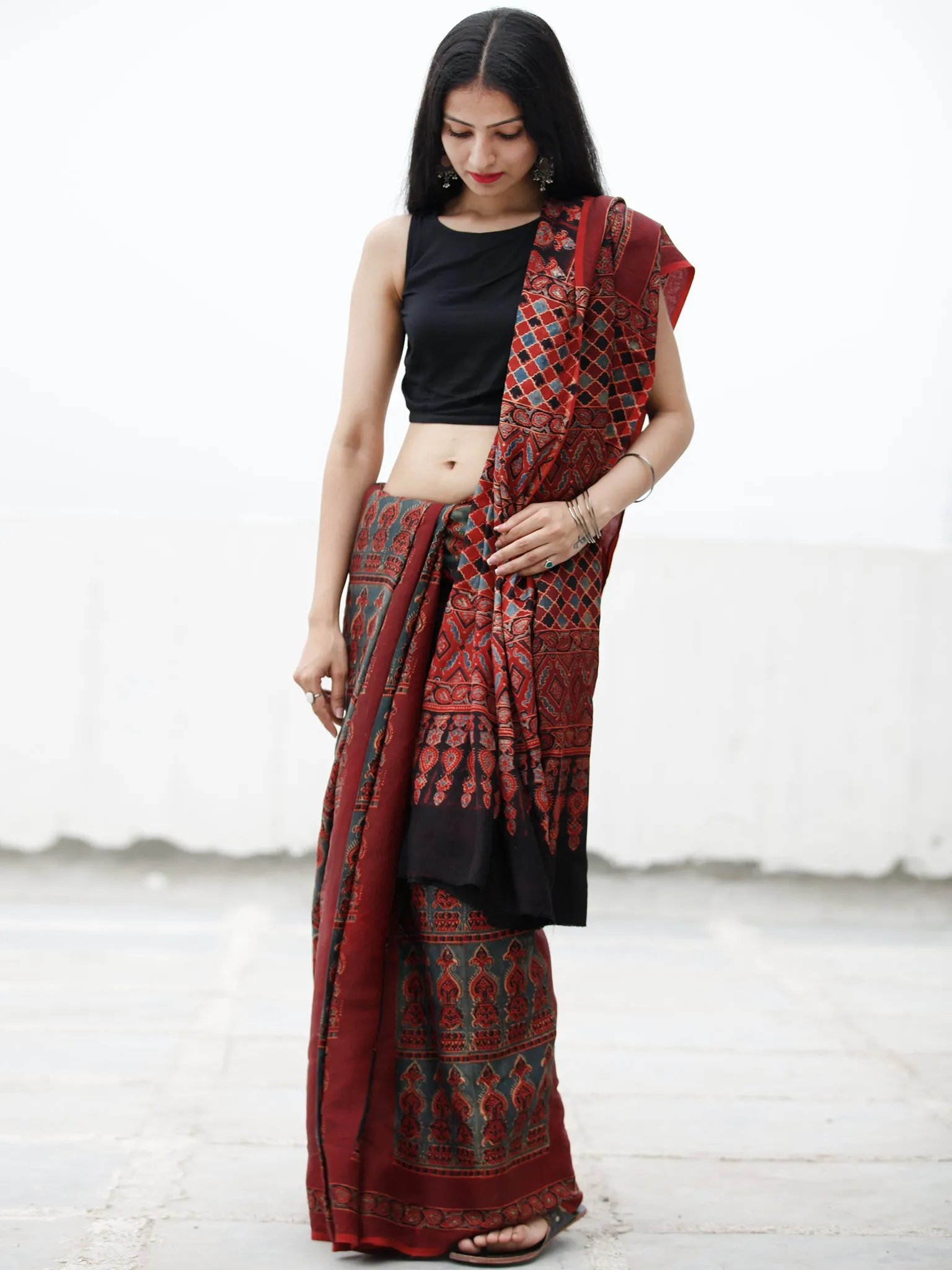 Red Black Blue Beige Ajrakh Hand Block Printed Modal Silk Saree in Natural Colors - S031703724