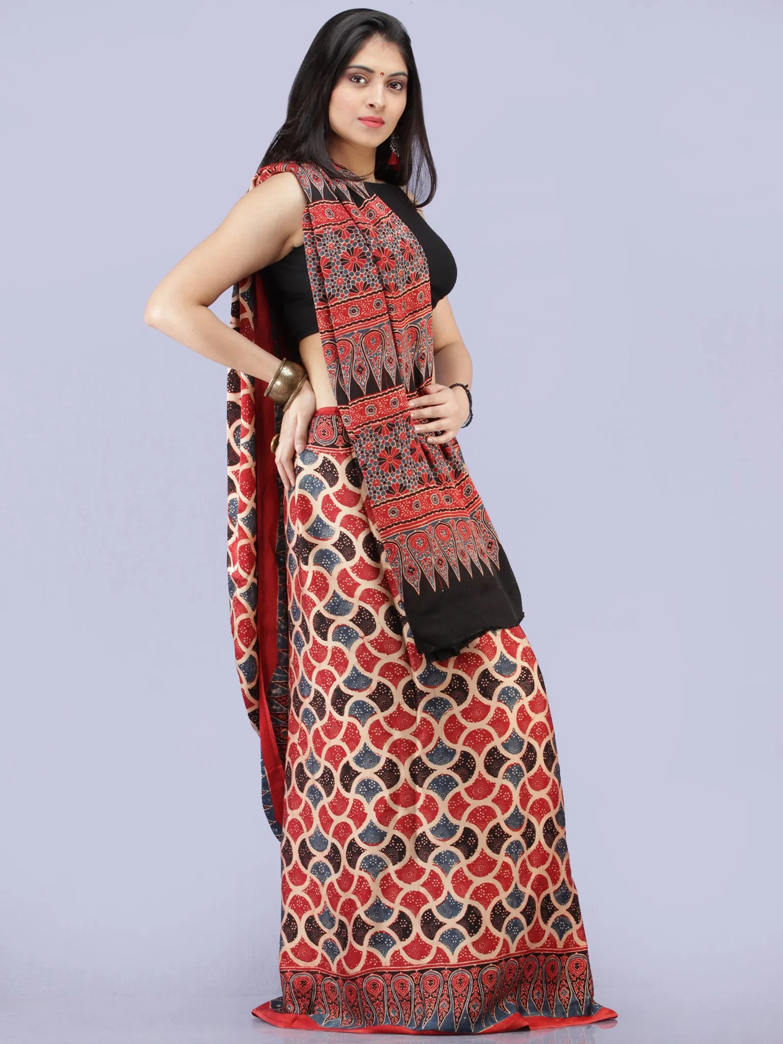 Red Indigo Black Beige Ajrakh Hand Block Printed Modal Silk Saree - S031704267