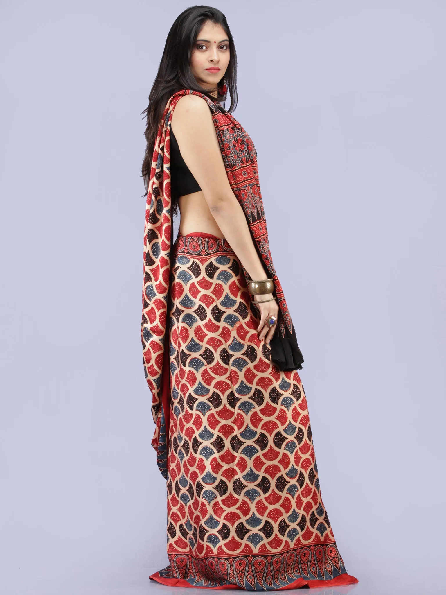 Red Indigo Black Beige Ajrakh Hand Block Printed Modal Silk Saree - S031704267