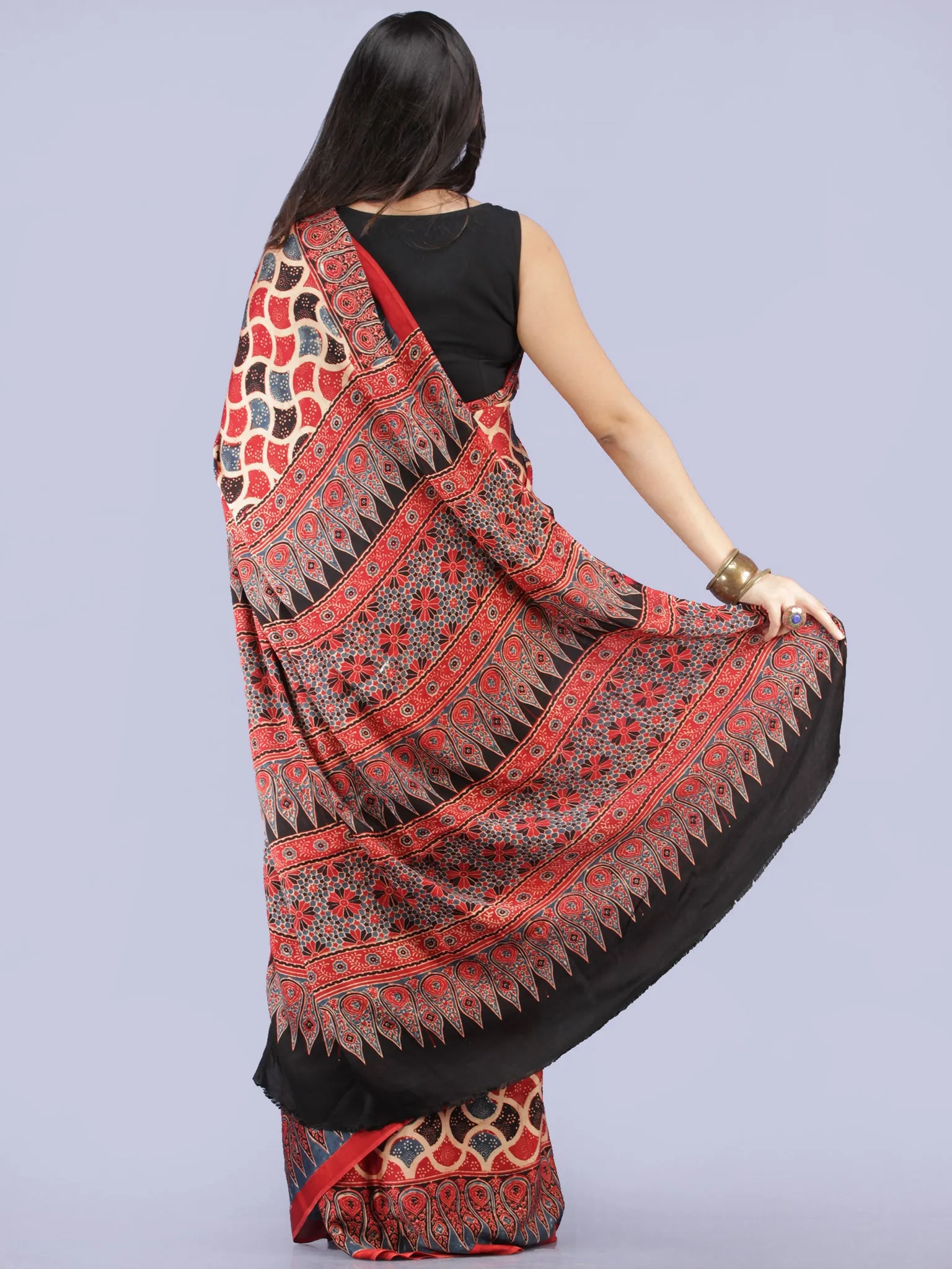 Red Indigo Black Beige Ajrakh Hand Block Printed Modal Silk Saree - S031704267