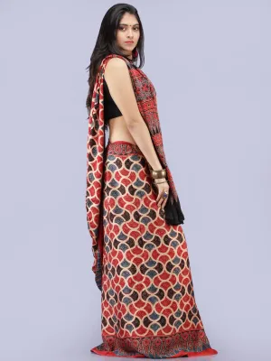 Red Indigo Black Beige Ajrakh Hand Block Printed Modal Silk Saree - S031704267