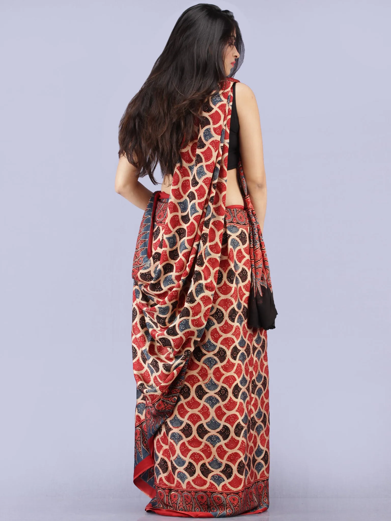 Red Indigo Black Beige Ajrakh Hand Block Printed Modal Silk Saree - S031704267