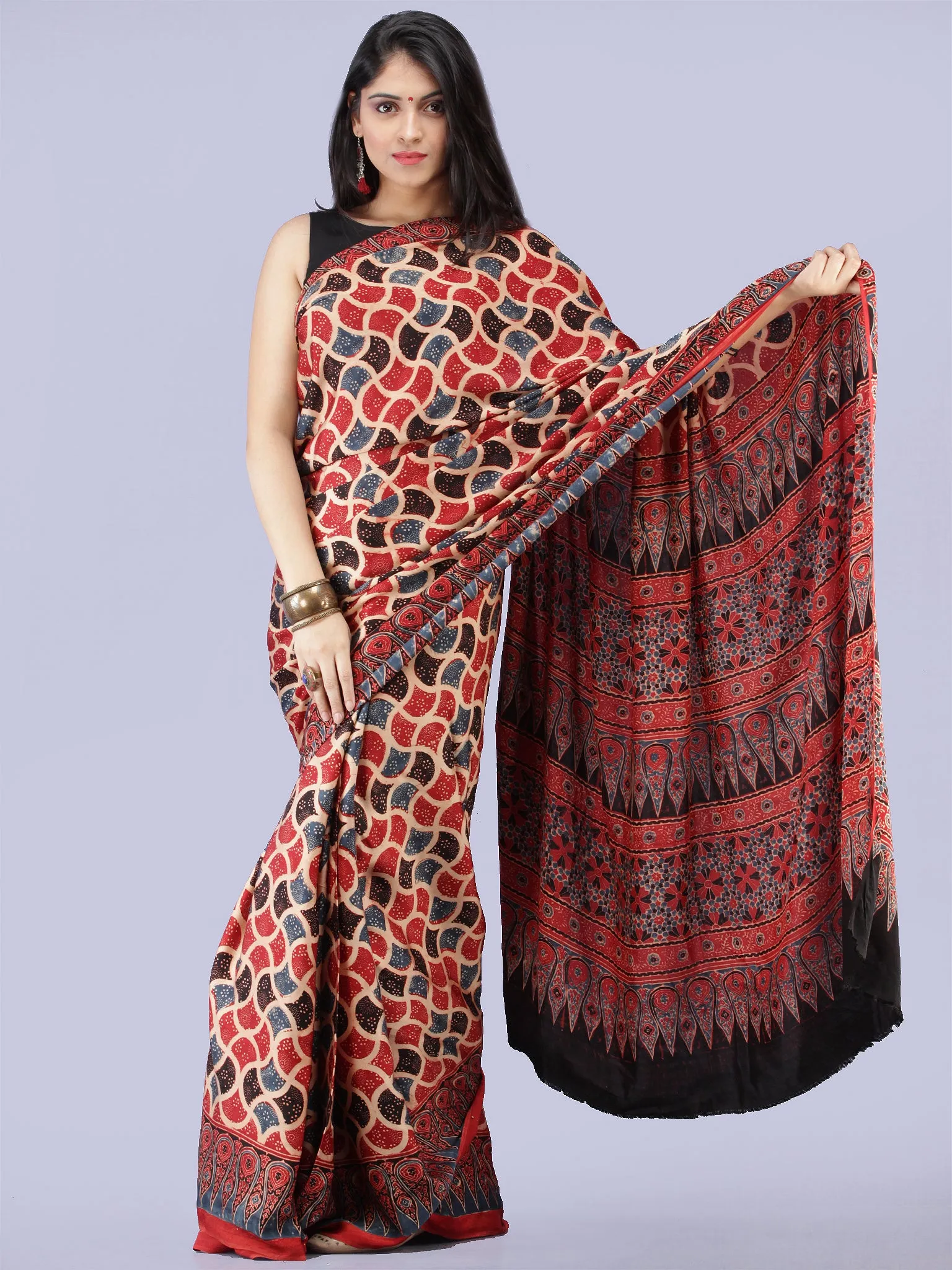 Red Indigo Black Beige Ajrakh Hand Block Printed Modal Silk Saree - S031704267