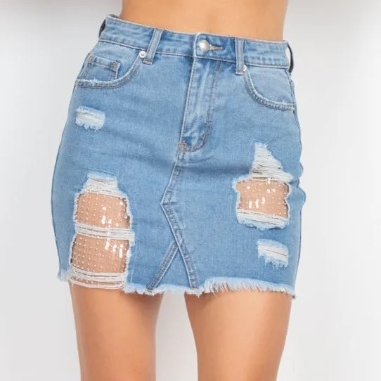 Ripped Sequin Denim Mini Skirt