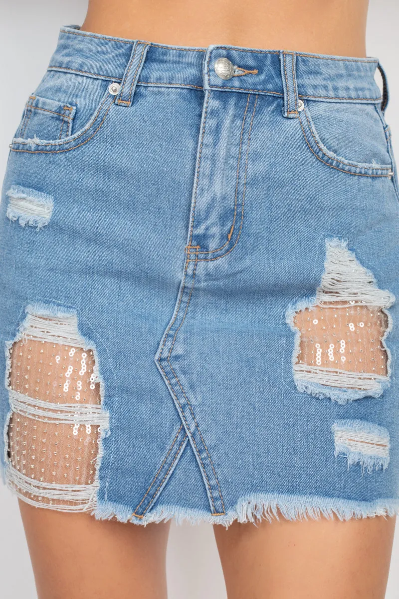 Ripped Sequin Denim Mini Skirt