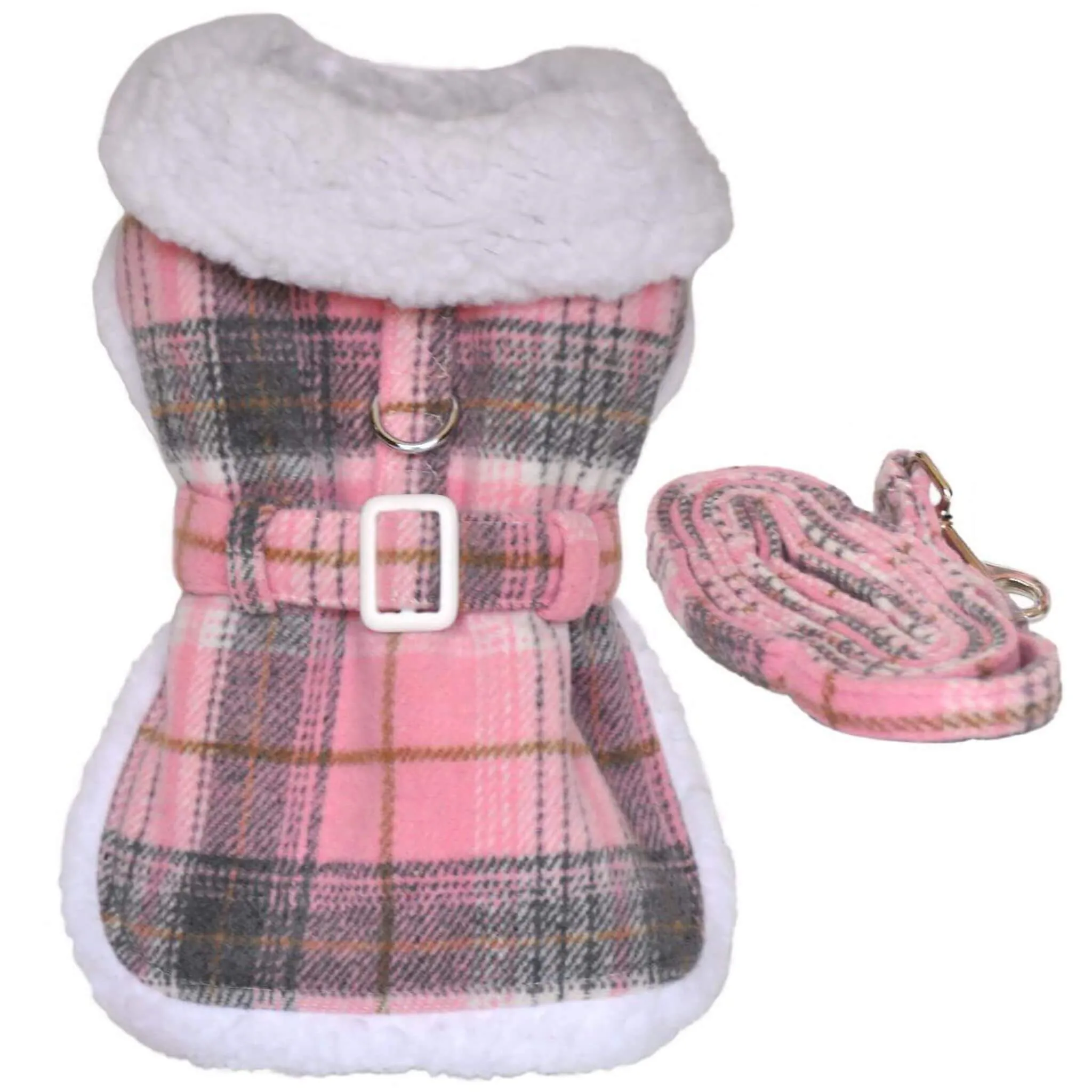 Sherpa-Lined Dog Harness Coat - Pink & White Plaid