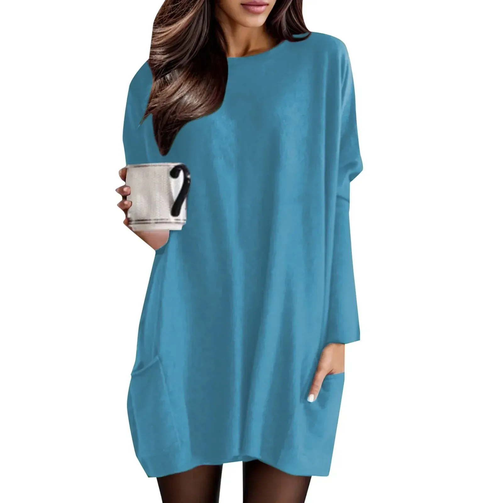 Sleeve O Neck Blouses Pullover Loose Solid Color Pocket Spring Autumn Casual Long Dress