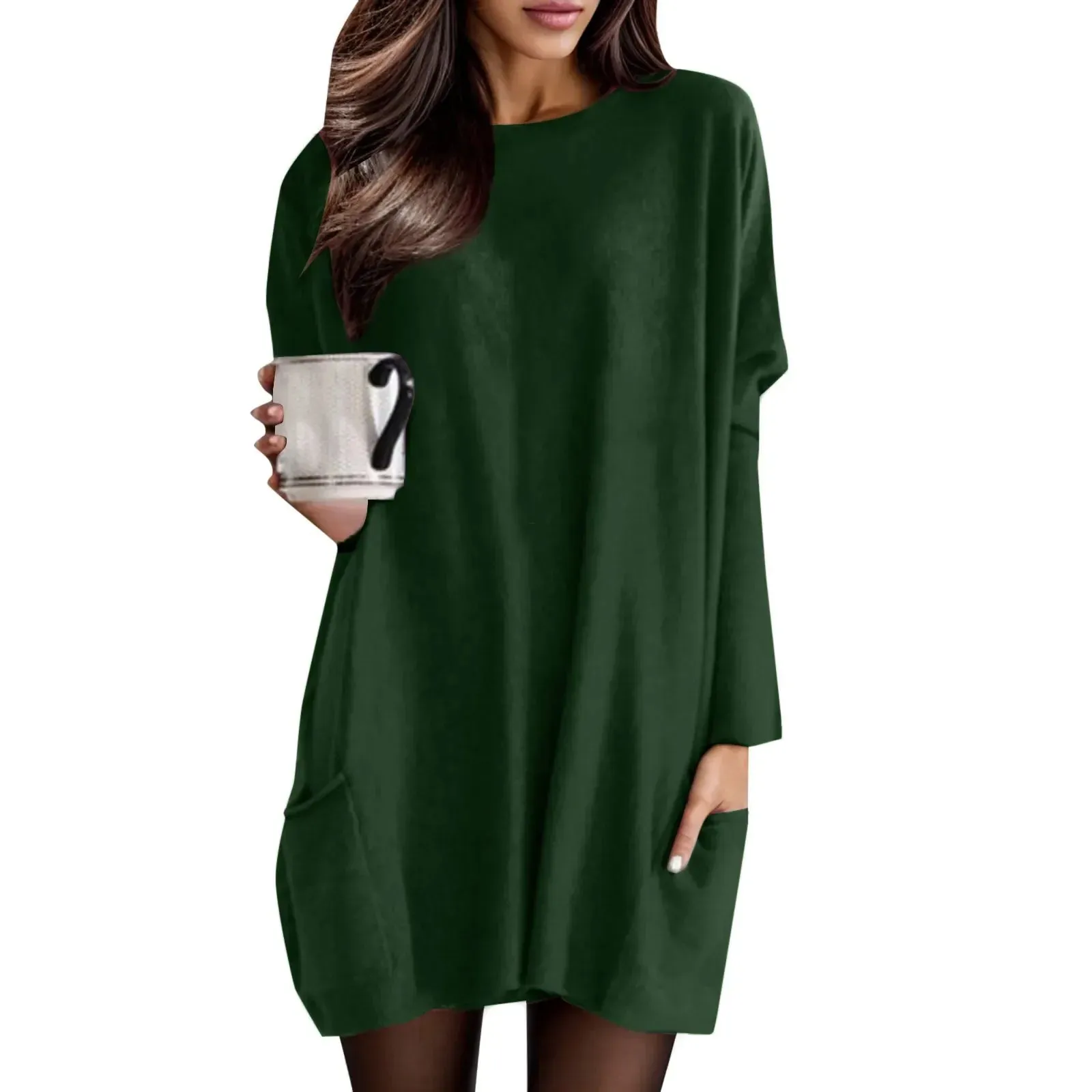 Sleeve O Neck Blouses Pullover Loose Solid Color Pocket Spring Autumn Casual Long Dress