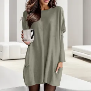 Sleeve O Neck Blouses Pullover Loose Solid Color Pocket Spring Autumn Casual Long Dress