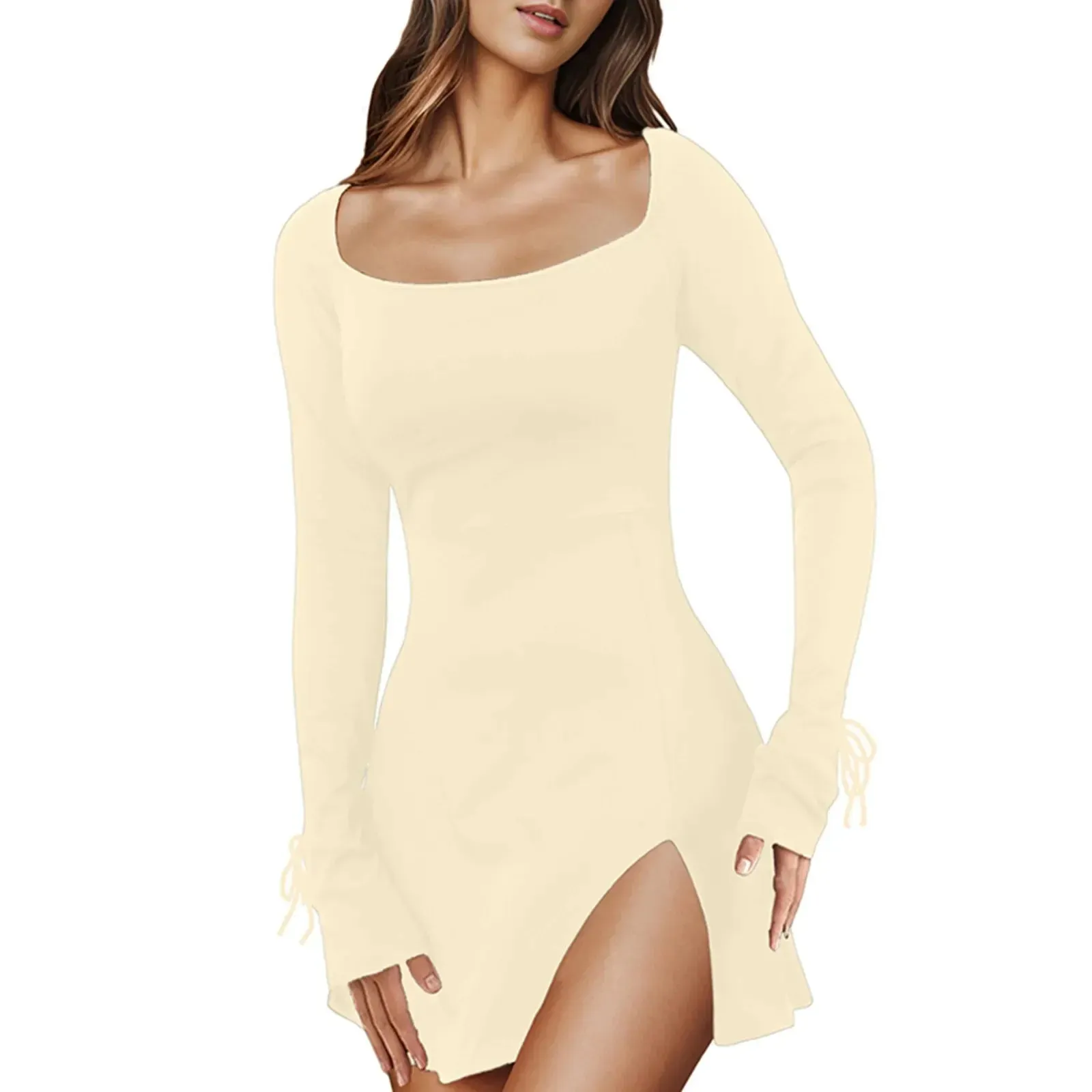 Square Collar Long Sleeve Mini Sexy Solid Basic Slit Evening Party Casual Elegant Dress