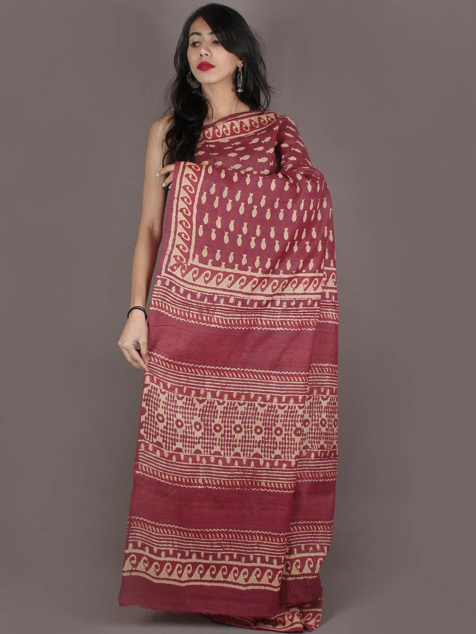 Tussar Handloom Silk Hand Block Printed & Painted Saree in Deep Onion Pink & Beige- S03170958