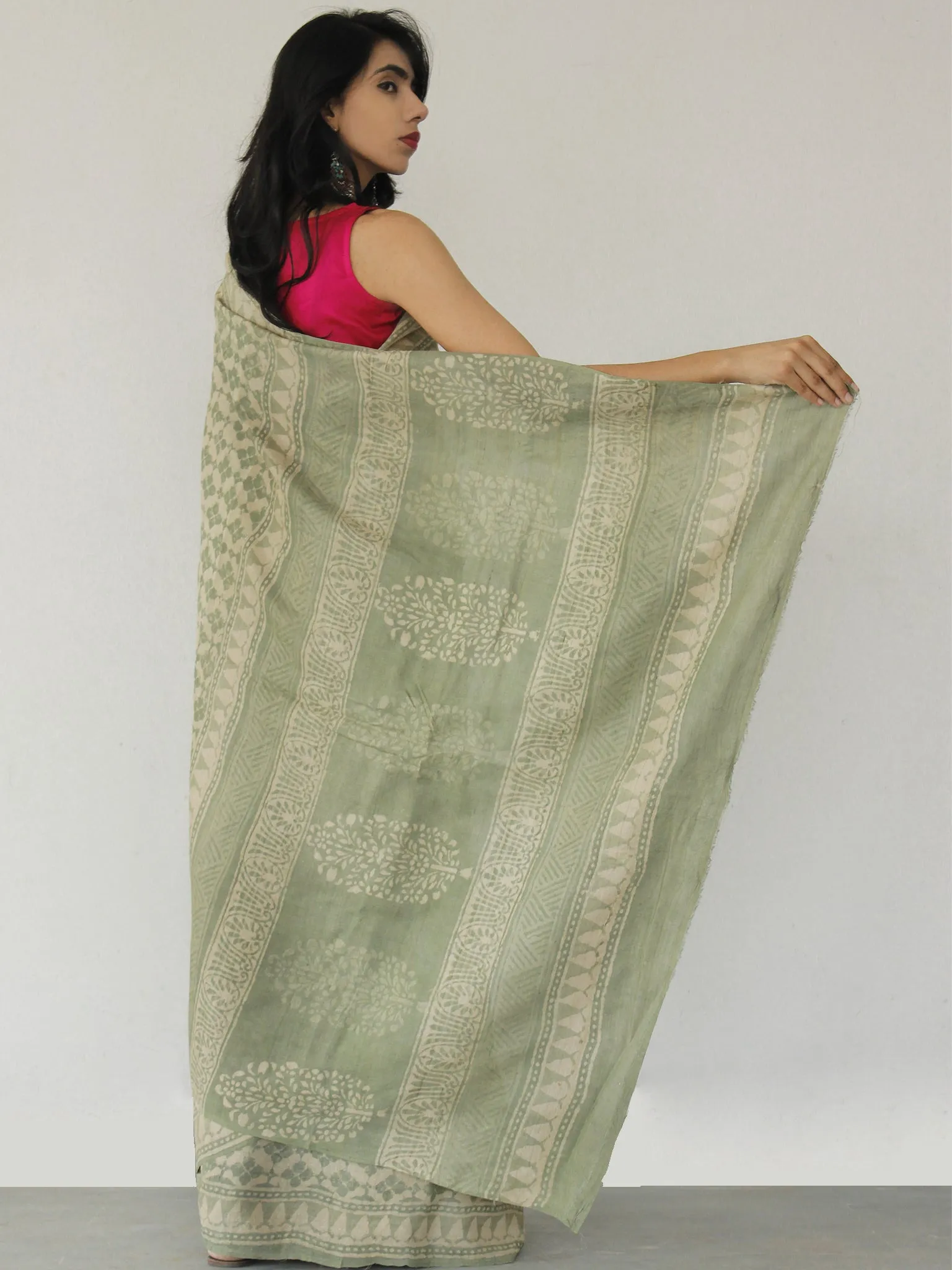 Tussar Handloom Silk Hand Block Printed Saree in Pistachio Green Ivory - S031702532