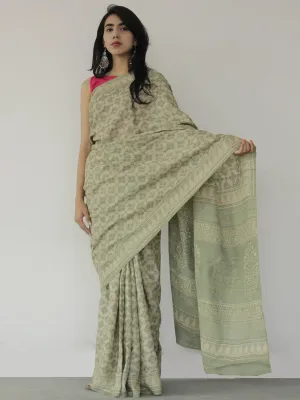 Tussar Handloom Silk Hand Block Printed Saree in Pistachio Green Ivory - S031702532