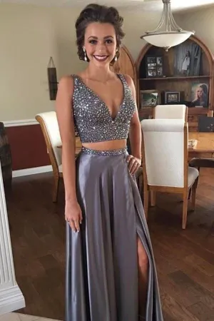 Two Piece Deep V Neck  Slit Grey Satin Prom Dressses With Beading  PG526