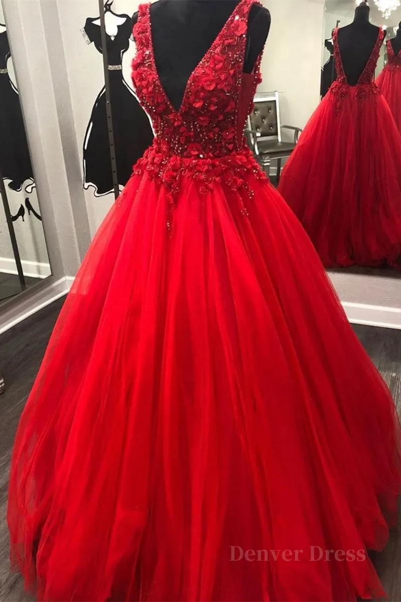 V Neck Open Back Beading Red Long Prom Dress with 3D Flower V Neck Red Formal Dress Red Evening Dress