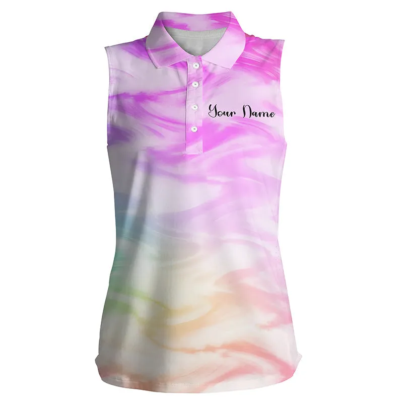 Womens Golf Polo Shirts With Colorful Watercolor Paint Custom Name Pattern Golf Shirt, Golfing Gift