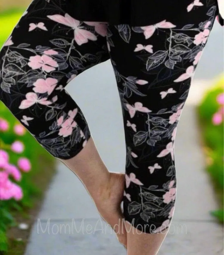 Womens Pink Butterfly Capri Leggings, Soft Yoga Pants, Sizes 0-18, Pink/Black