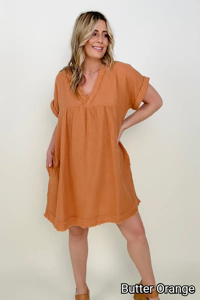 Zenana Gauze Short Sleeve Raw Edge V-Neck Dress